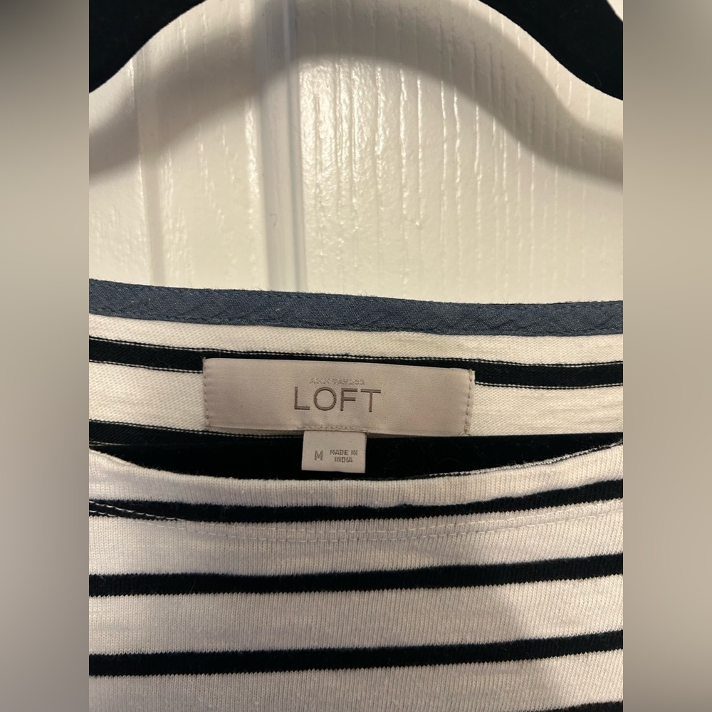 LOFT Navy and White Striped Long Sleeve Top with Denim trim on Hem, Size Medium - Picture 3 of 6